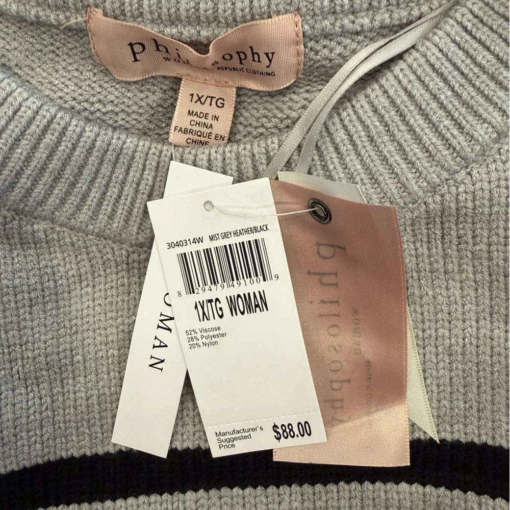 Philosophy Long Sleeve Grey Stripe Sweater NWT Size 1X
